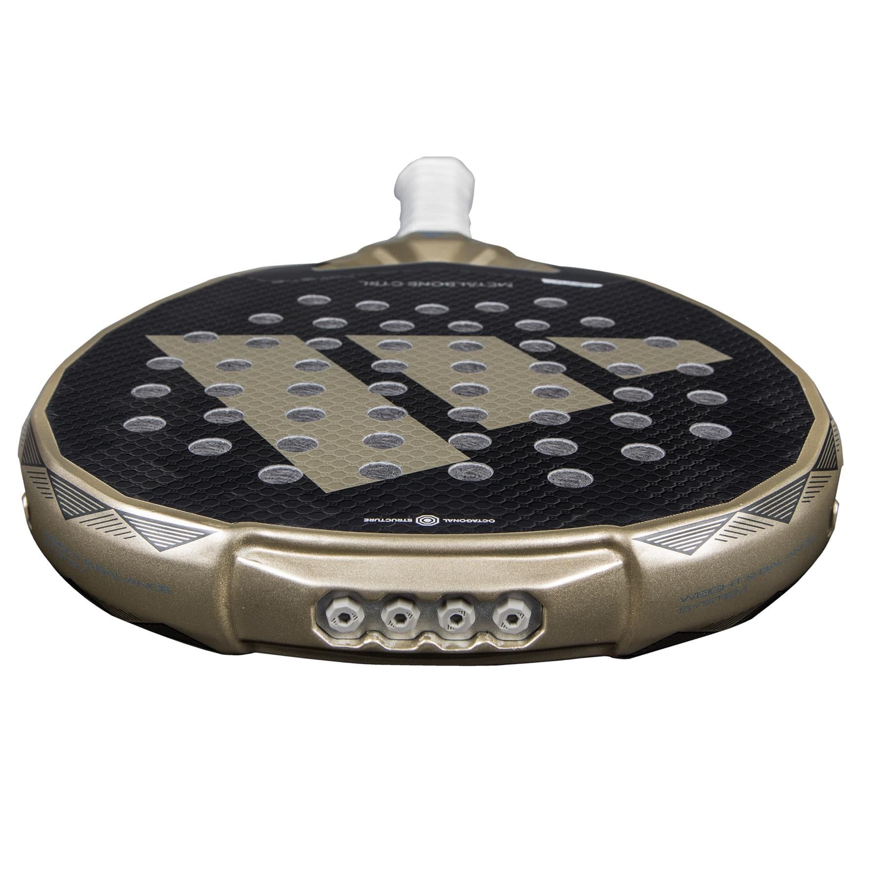 A close-up of the adidas Metalbone CTRL 3.4 padel racket, showcasing its black and gold design, white grip, circular holes, and innovative Weight & Balance System, photographed on a white background.