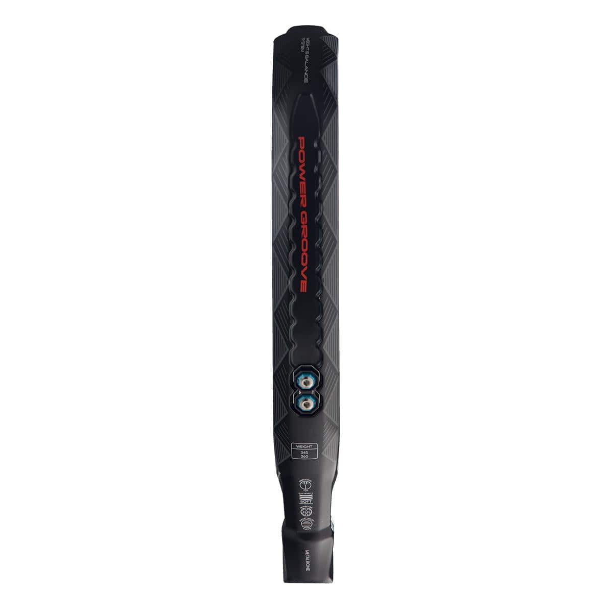 Top view of the adidas Metalbone 3.4 Padel Racket, featuring a textured black surface, bold "POWER GROOVE" red detail, and visible screw accents—ideal for players looking for a true power padel racket.