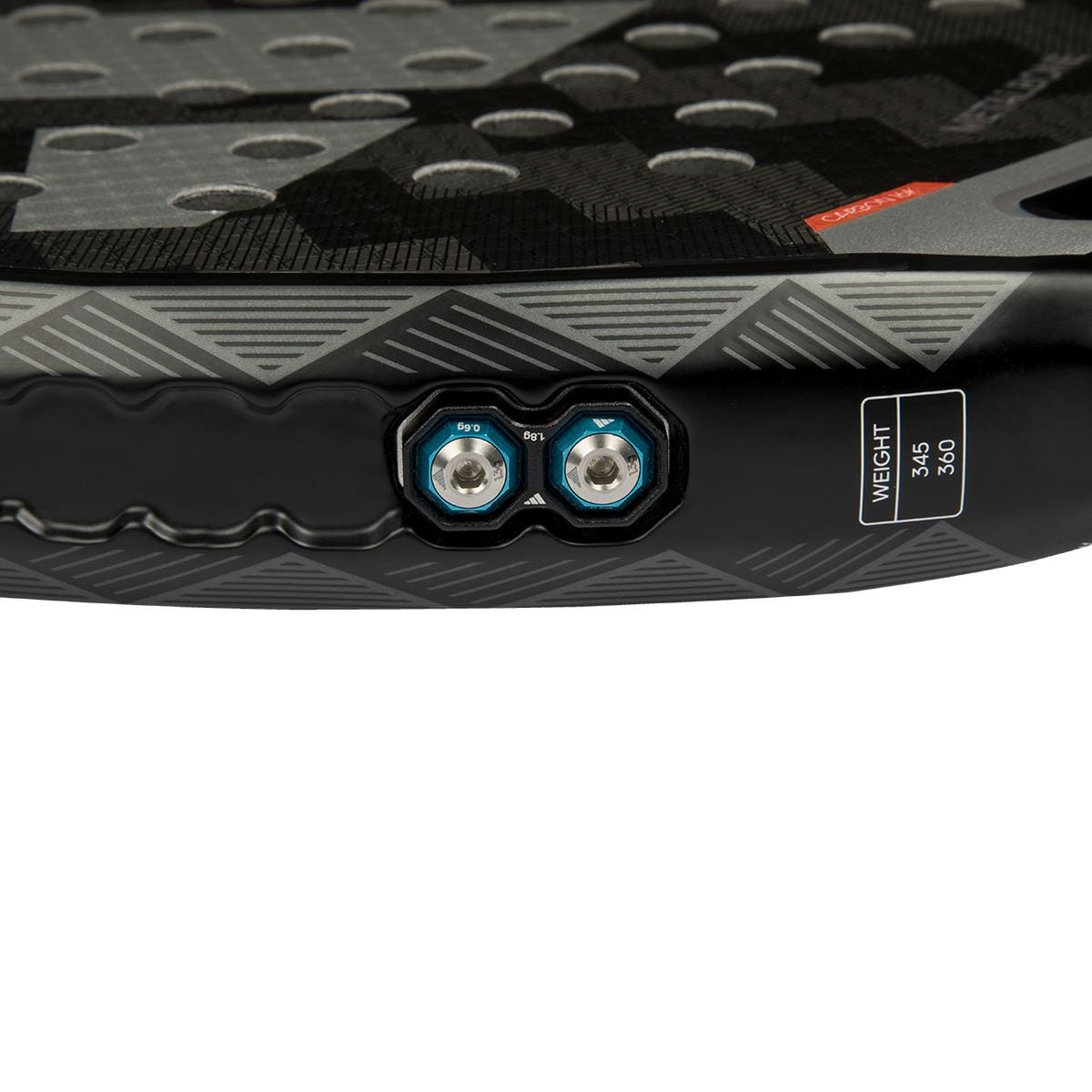 Close-up of the adidas Metalbone 3.4 Padel Racket surface featuring two hex screws, a wavy groove, a label noting weights of 345 or 355 grams, and a textured pattern that accentuates this advanced padel racket’s design.