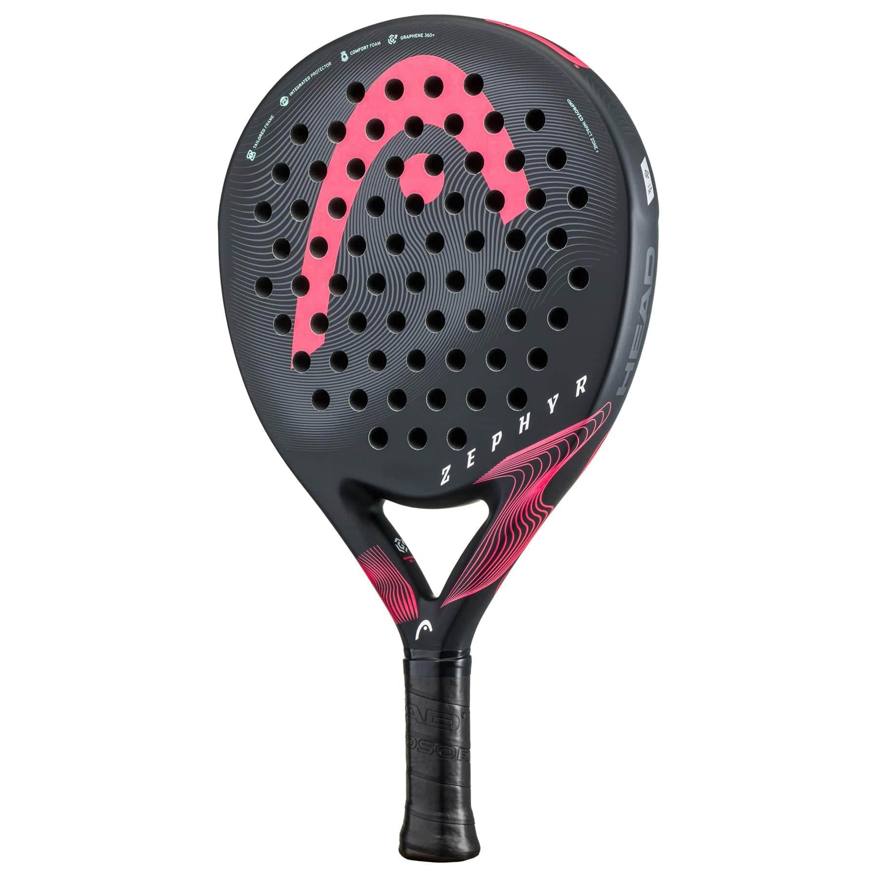 The HEAD Zephyr 2023 Padel Racket features a black design with pink accents and a large red logo, Power Foam core, perforated face, and a black grip. "HEAD" and "ZEPHYR" are clearly displayed on the racket.