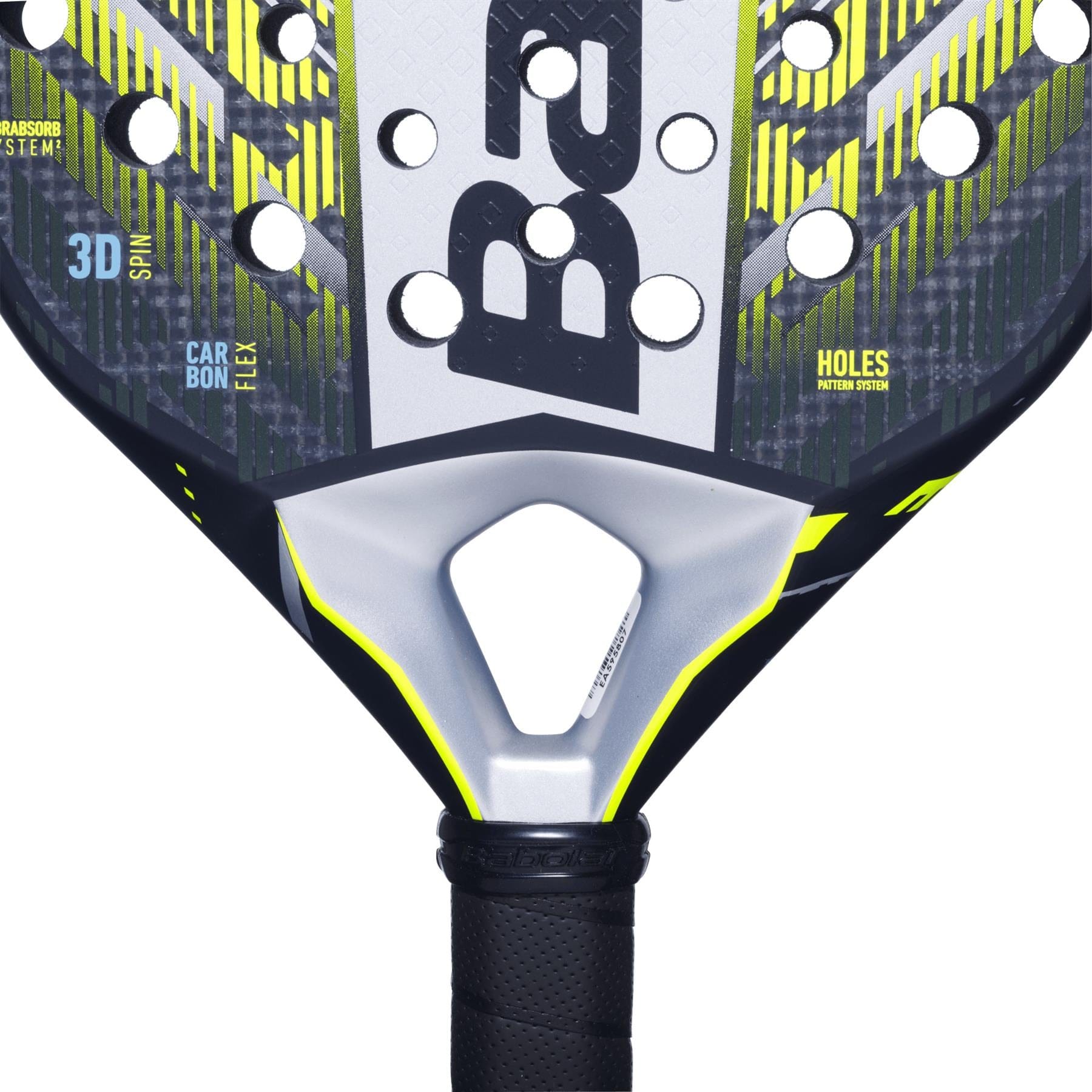Close-up of the Babolat Counter Veron 2.5 Padel Racket head, featuring a black, gray, and yellow design with holes and Carbon Flex technology. The black handle has a textured grip and displays the “Babolat” brand name.