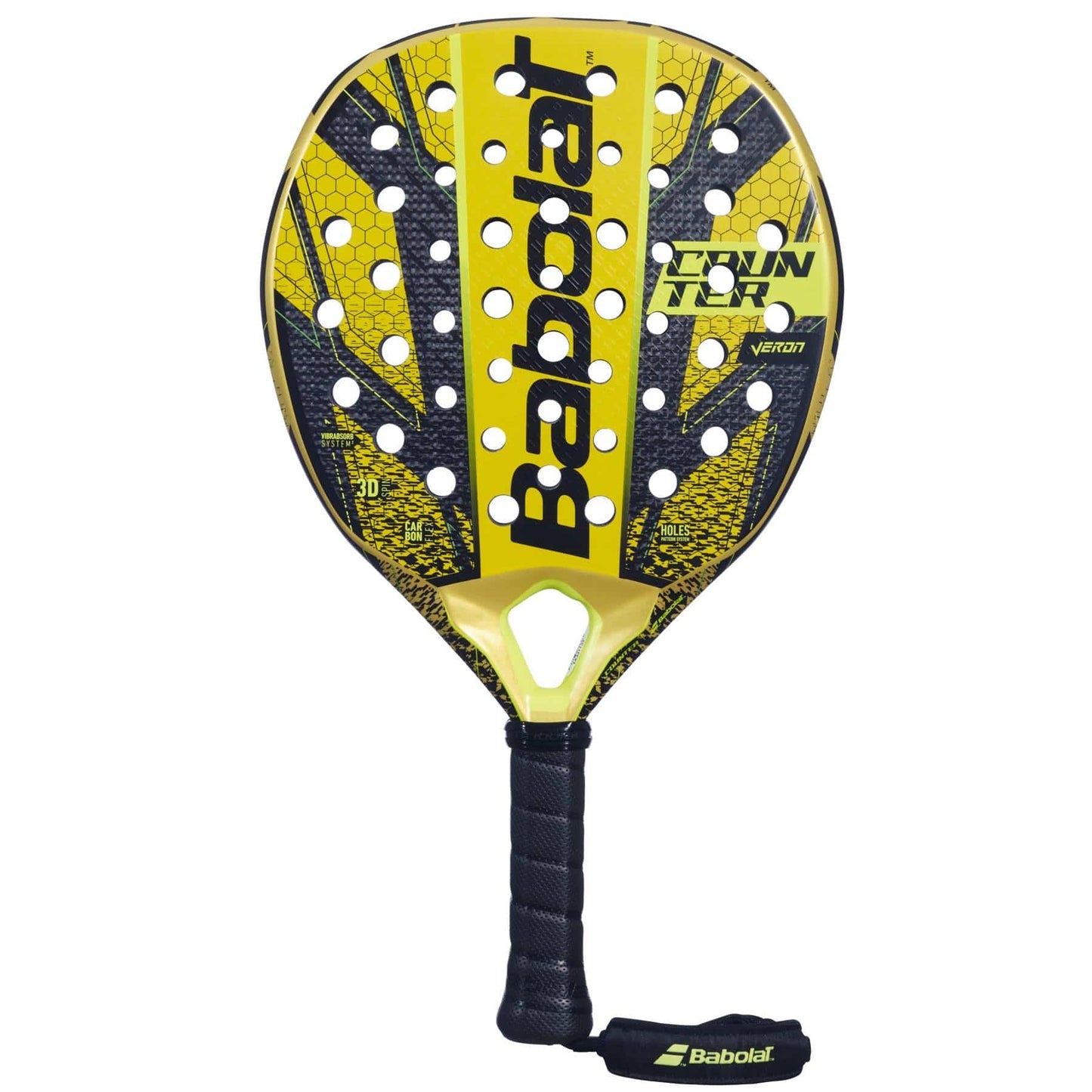 The Babolat Counter Veron Padel Racket features yellow and black colors, Carbon Flex technology, a honeycomb pattern, perforated holes, a black grip with strap, and the "Babolat" brand name displayed on the face.