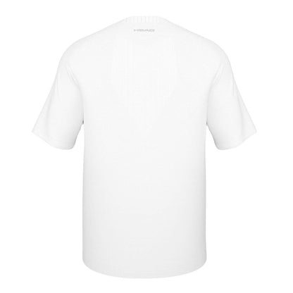 The HEAD Performance Men's Padel T-Shirt - XPHB is a plain white T-shirt viewed from the back, featuring short sleeves and a simple, clean design. Crafted with Moisture Transfer Microfibre by HEAD, it ensures all-day comfort and includes a subtle brand logo beneath the neckline.
