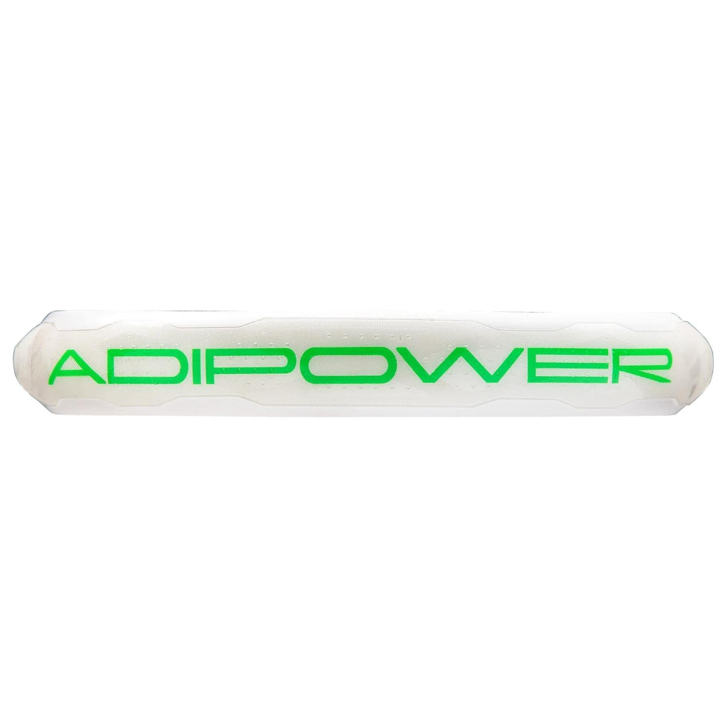 A white, hexagonal sports grip with bold, bright green "ADIPOWER" lettering, designed for a lightweight feel and enhanced control—ideal for your adidas Adipower Light 3.3 Padel Racket.