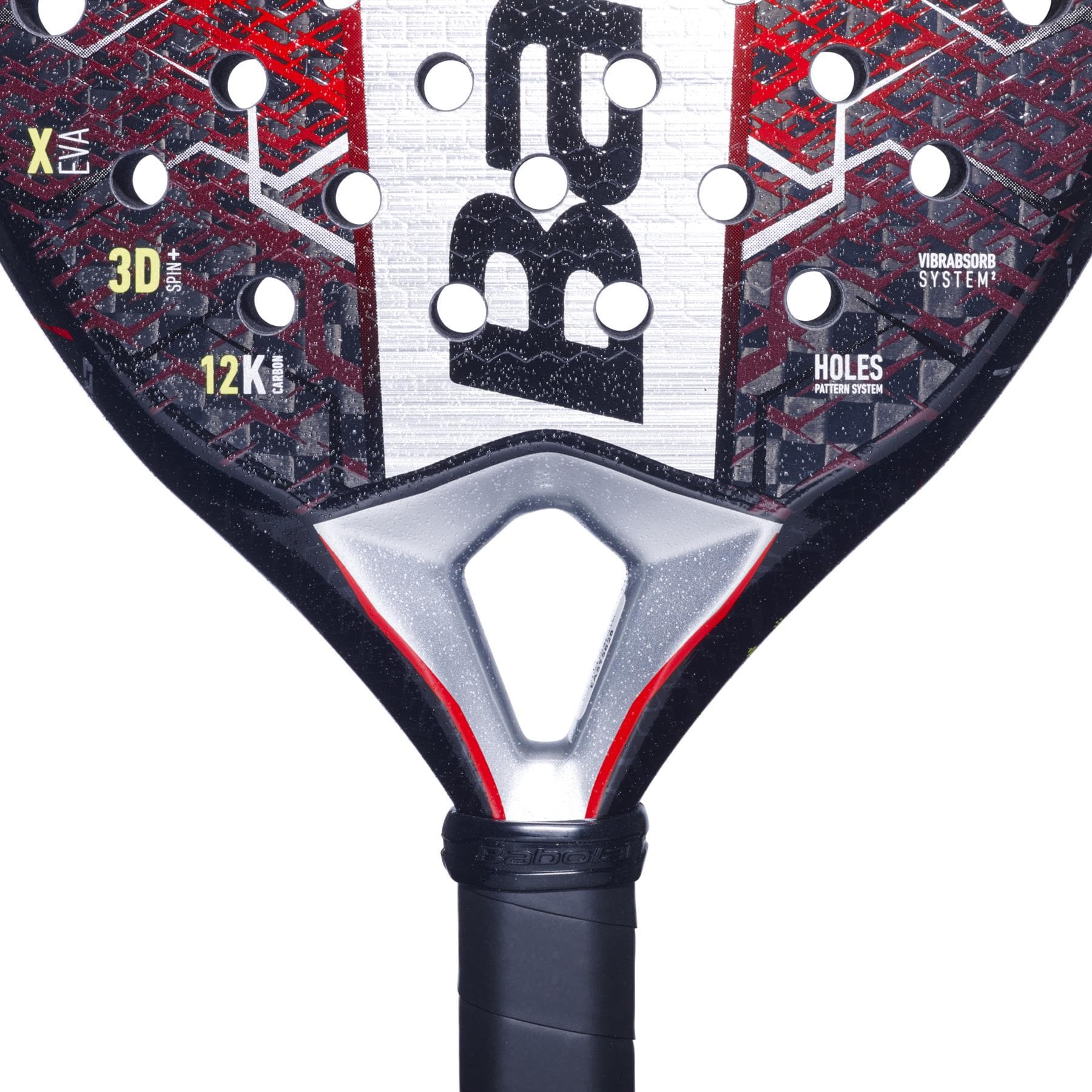 Close-up of the Babolat Technical Viper 2.5 Padel Racket, featuring a black, red, and white design with a textured surface, multiple holes, branding, and a black grip—perfect for technical players seeking precision.