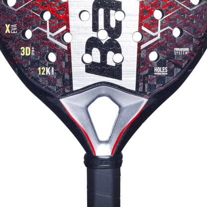 Close-up of the Babolat Technical Viper 2.5 Padel Racket, featuring a black, red, and white design with a textured surface, multiple holes, branding, and a black grip—perfect for technical players seeking precision.