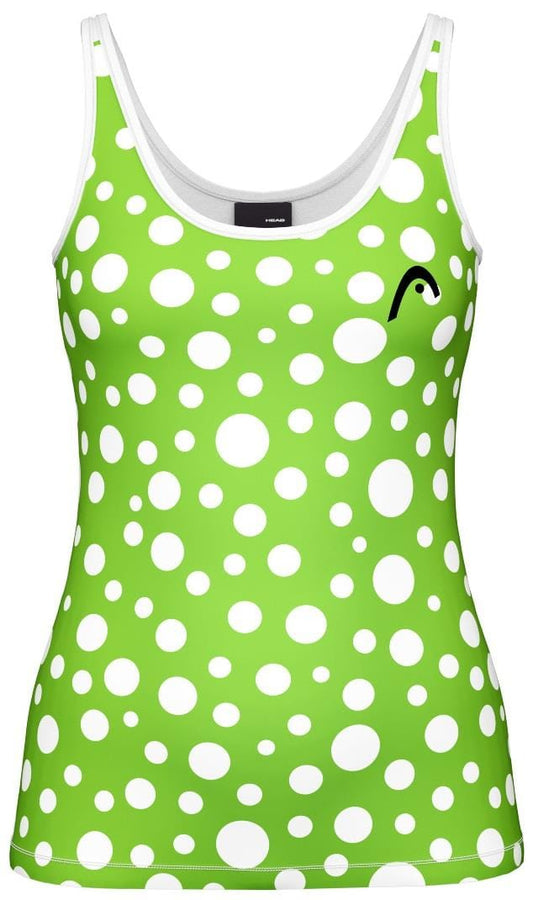 The HEAD Spirit II Women's Padel Tank Top - IGXR features a green design with varying-sized white polka dots, a small black logo on the left chest, and white trim. Its advanced cooling technology ensures comfort and style, making it ideal for active wear enthusiasts.