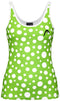 The HEAD Spirit II Women's Padel Tank Top - IGXR features a green design with varying-sized white polka dots, a small black logo on the left chest, and white trim. Its advanced cooling technology ensures comfort and style, making it ideal for active wear enthusiasts.