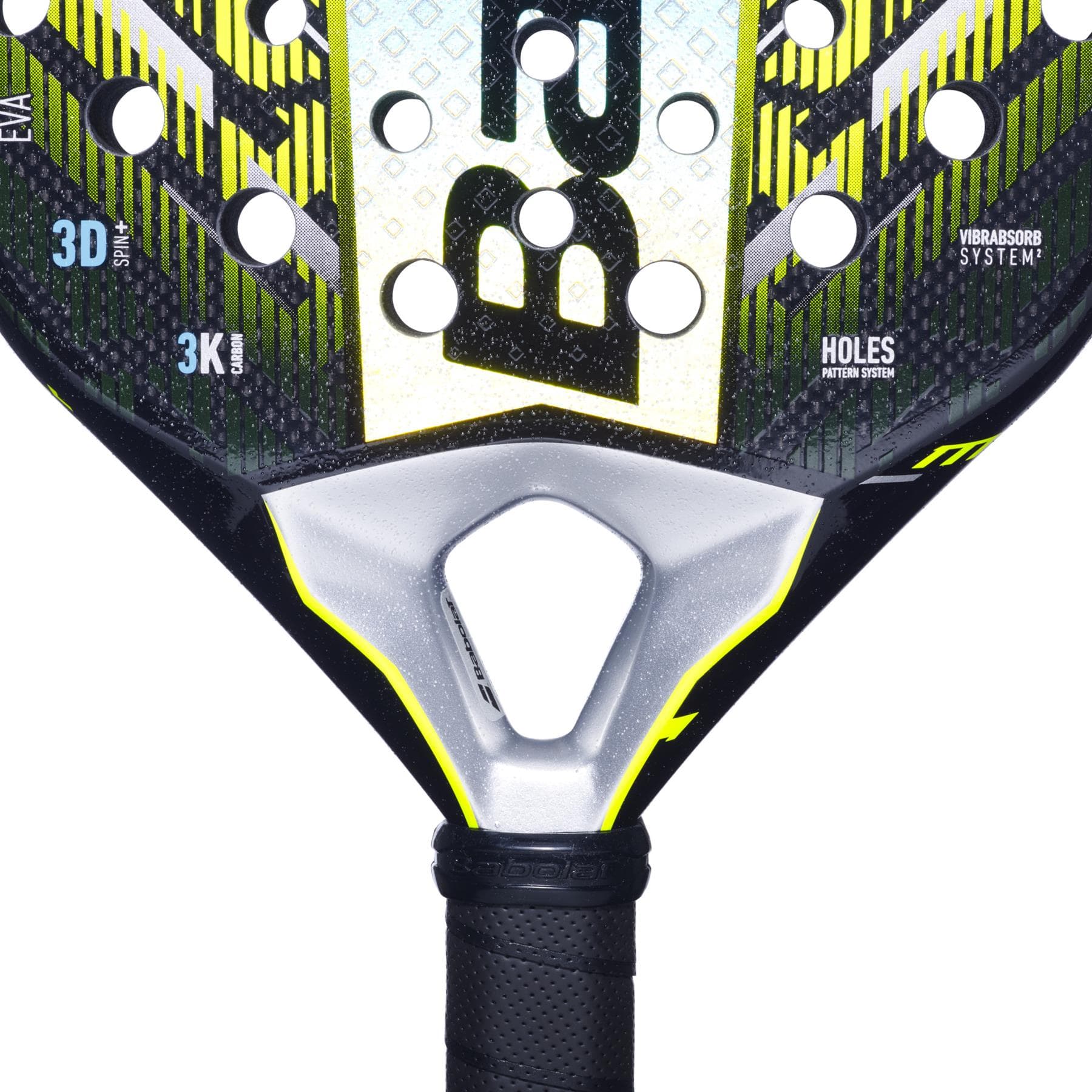 Close-up of the Babolat Counter Viper 2.5 Padel Racket head, showing its black and yellow design, multiple holes, textured surface, and the “B” logo at the top. The handle has black grip tape—perfect for counter strikers.