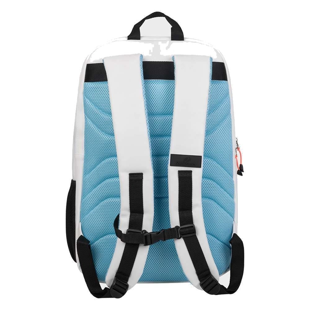 The Bullpadel BPM26009 Vertex W Padel Backpack in white by Bullpadel is shown from the back, featuring padded shoulder straps, a top handle, black adjustable straps with buckles, and a visible zipper pull on the right side.
