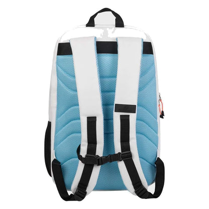 The Bullpadel BPM26009 Vertex W Padel Backpack in white by Bullpadel is shown from the back, featuring padded shoulder straps, a top handle, black adjustable straps with buckles, and a visible zipper pull on the right side.