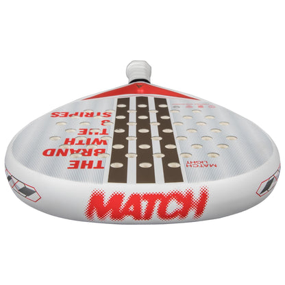 A close-up, low-angle view of the adidas Match Light 3.4 Padel Racket, featuring a white, red, and black design with "MATCH" and "THE BRAND WITH THE 3 STRIPES" printed on its face.