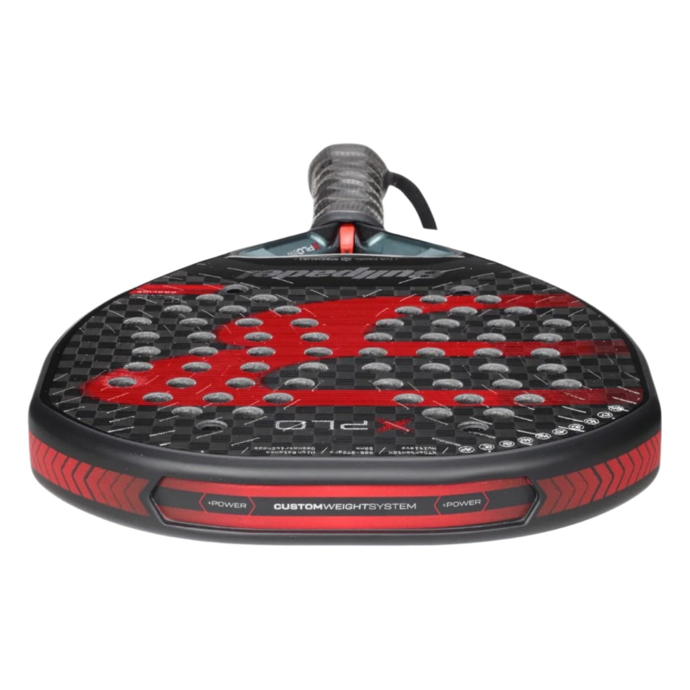 A close-up of the Bullpadel Xplo 2025 Padel Racket highlights its black and red design, perforated face, textured grip handle, and Bullpadel branding with detailed text on the frame.