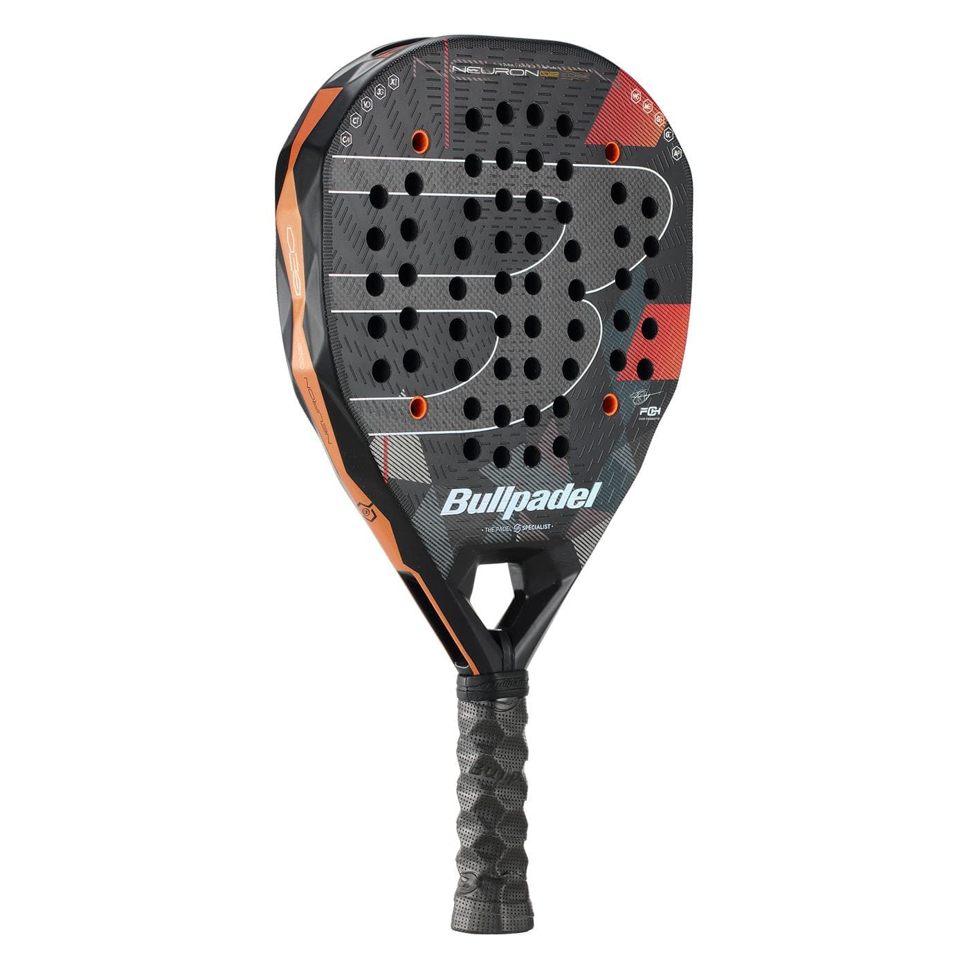 The Bullpadel Neuron 02 Edge 2026 Padel Racket is a black and orange, round-shaped racket with a textured surface, multiple holes, a padded grip handle, PrismLock technology, and the Bullpadel logo on the front.
