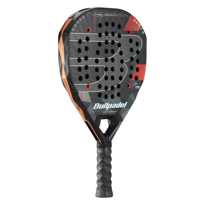 The Bullpadel Neuron 02 Edge 2026 Padel Racket is a black and orange, round-shaped racket with a textured surface, multiple holes, a padded grip handle, PrismLock technology, and the Bullpadel logo on the front.