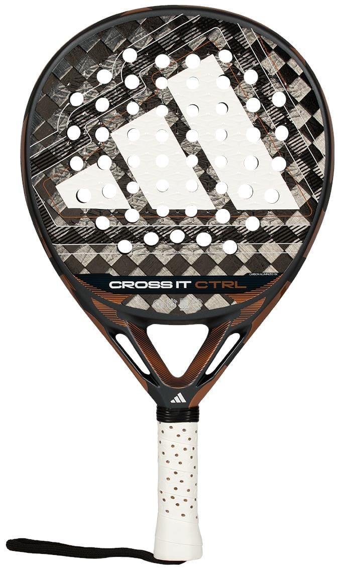 The adidas Cross It Ctrl 2026 Padel Racket is black and brown with a large white adidas logo, perforated carbon fibre face with Spin Blade Mould tech, white handle, black wrist strap, and "CROSS IT CTRL" on the face.