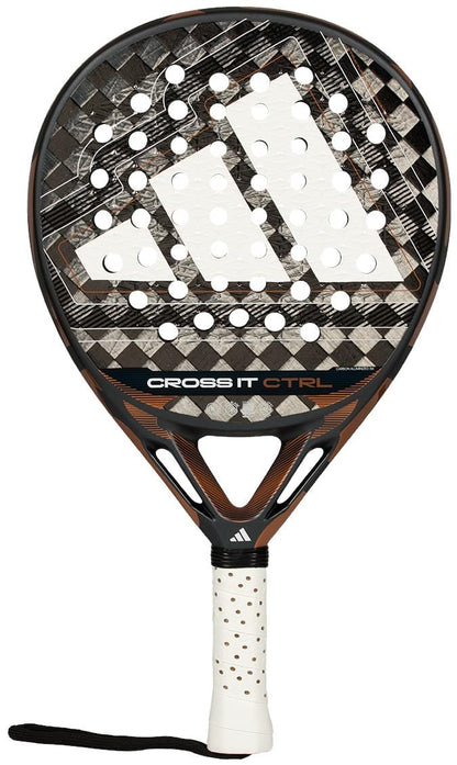 The adidas Cross It Ctrl 2026 Padel Racket is black and brown with a large white adidas logo, perforated carbon fibre face with Spin Blade Mould tech, white handle, black wrist strap, and "CROSS IT CTRL" on the face.
