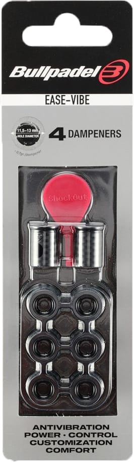 The Bullpadel Ease Vibe Padel Dampeners - Black package includes four Bullpadel dampeners for padel rackets in silver and black packaging with a clear window, highlighting antivibration and comfort features.
