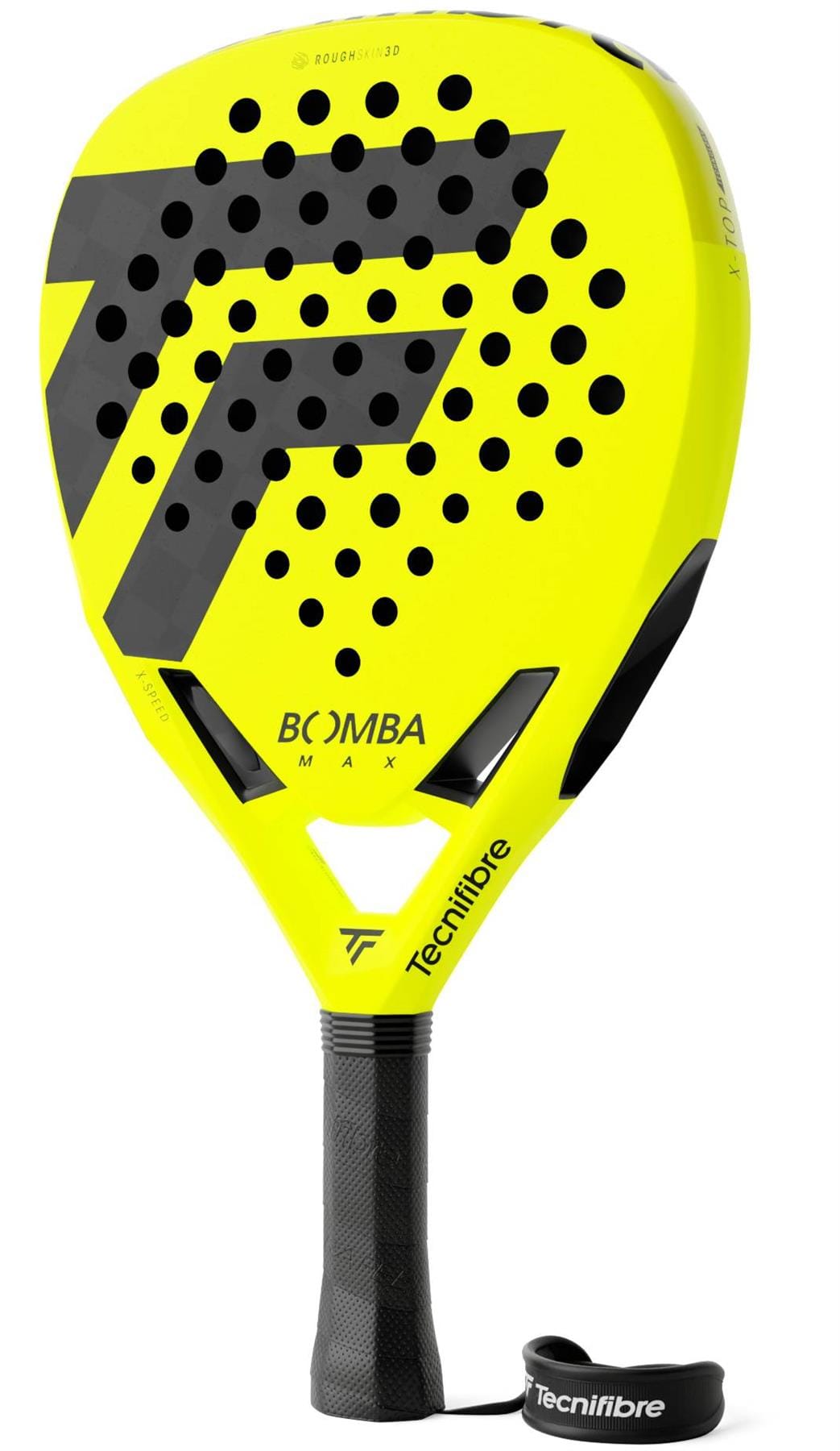 The Tecnifibre Bomba Max Padel Racket by Tecnifibre is bright yellow with black geometric designs, round head perforations, a black grip, and a wrist strap labeled "Tecnifibre" for explosive power on the court.