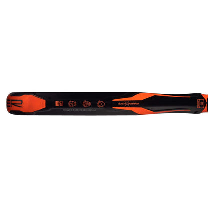 A close-up of a black and orange ski shows technical graphics reading "Dual X Skeleton" and "Power Limiched Rouse," styled like the adidas Adipower CTRL Team 3.3 Padel Racket designed for control.