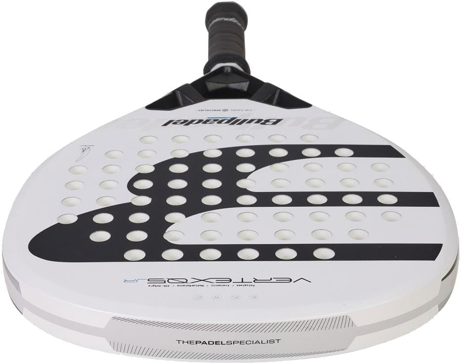 The Bullpadel Vertex Junior Boys 2026 Padel Racket is a white and black racket with a perforated surface, black grip tape handle, and "Bullpadel" branding—ideal for advanced junior players seeking top performance.