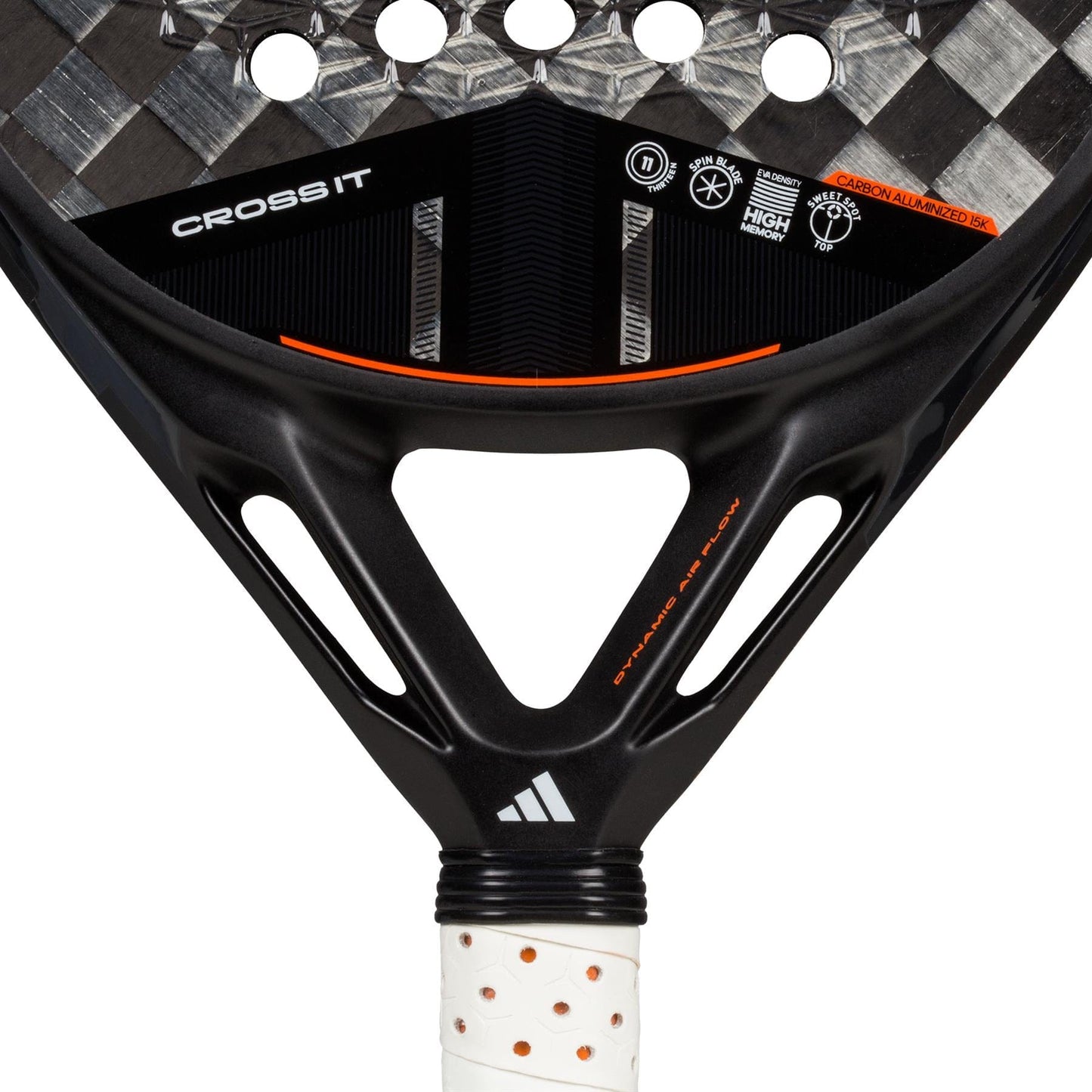 Close-up of the adidas Cross It 3.4 Padel Racket featuring a Carbon 15K face with black and silver carbon texture, orange accents, "CROSS IT" on the surface, and a white grip—ideal for aggressive players.