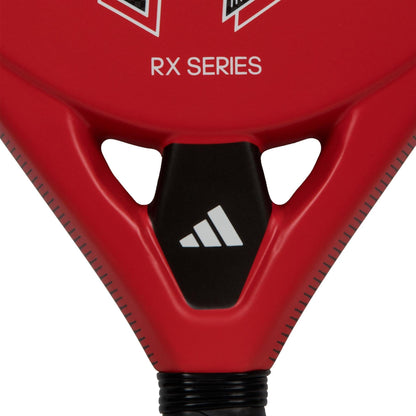 Close-up of the bottom of the adidas RX Series Red Padel Racket, featuring a white adidas logo on a black section near the handle—perfect for beginners seeking quality.