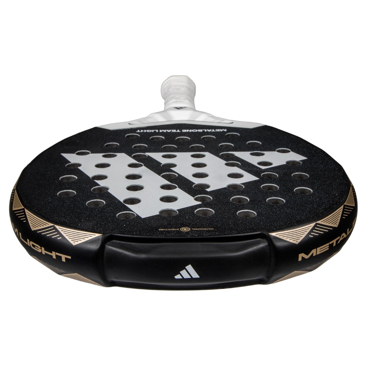The lightweight adidas ADIDAS Metalbone Team Light 3.4 Padel Racket features a textured face with circular holes, a white handle, and gold accents. Designed for advanced players, the adidas logo is displayed clearly on the racket.