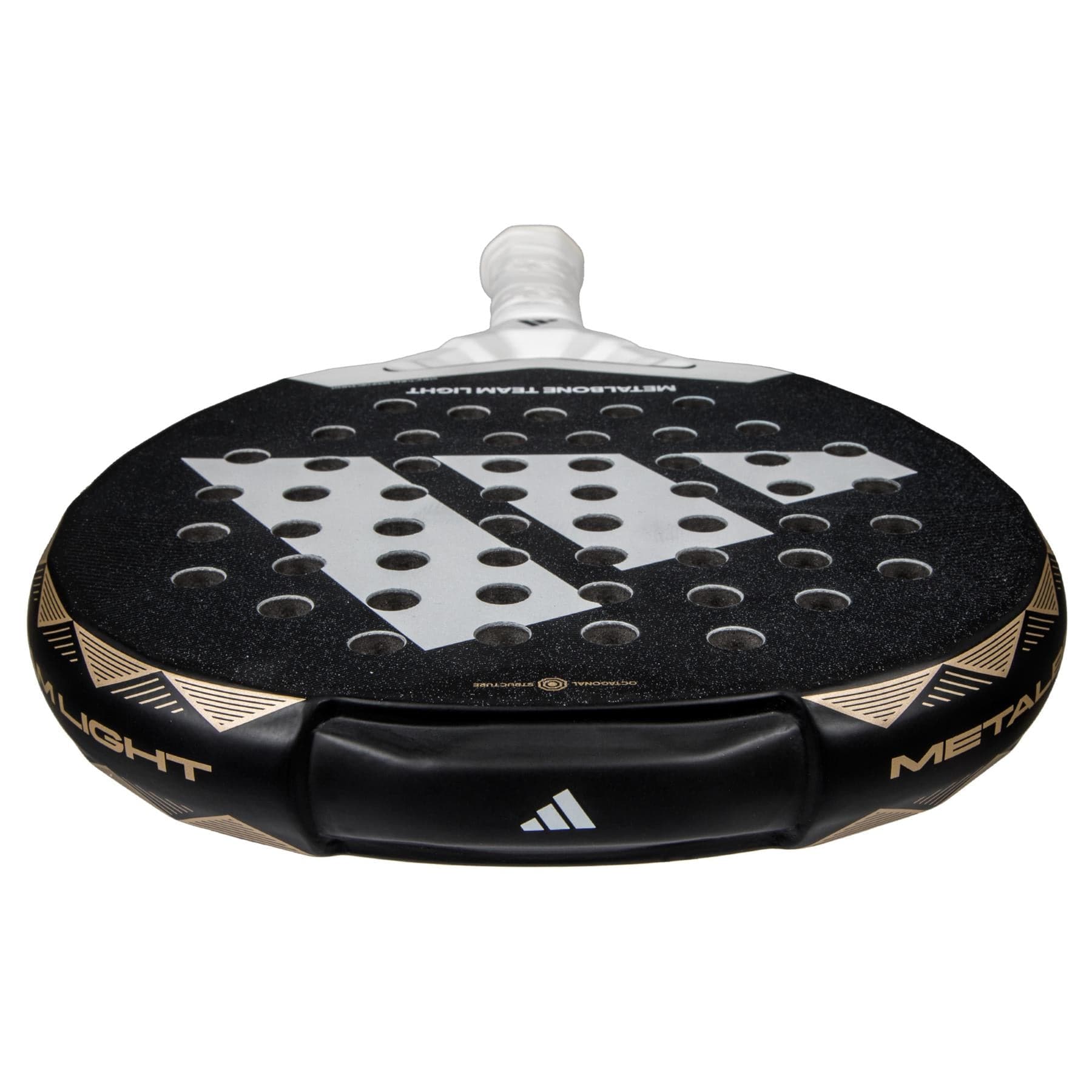 The lightweight adidas ADIDAS Metalbone Team Light 3.4 Padel Racket features a textured face with circular holes, a white handle, and gold accents. Designed for advanced players, the adidas logo is displayed clearly on the racket.