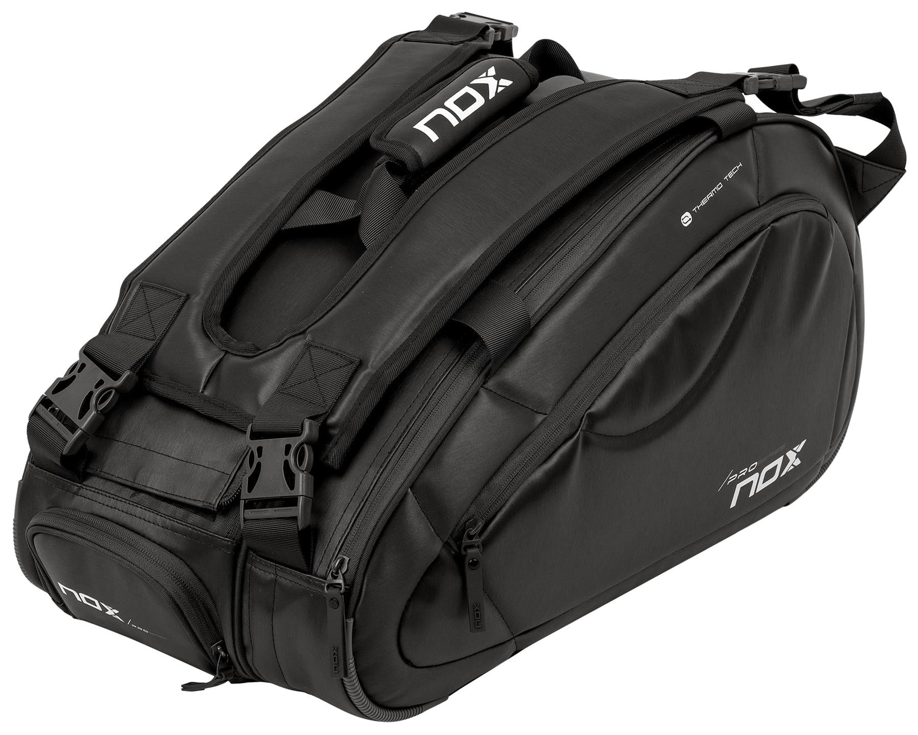 The NOX Pro Series Padel Racket Bag - Black offers large storage, multiple compartments, durable zippers, adjustable straps, and NOX ThermoTech technology—perfect for carrying your sports equipment.