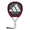 The adidas Metalbone Team 3.3 Padel Racket is red and black with a white handle, features the adidas logo in white on the face, includes Spin Blade Grit technology, and has a black wrist strap attached to the handle.