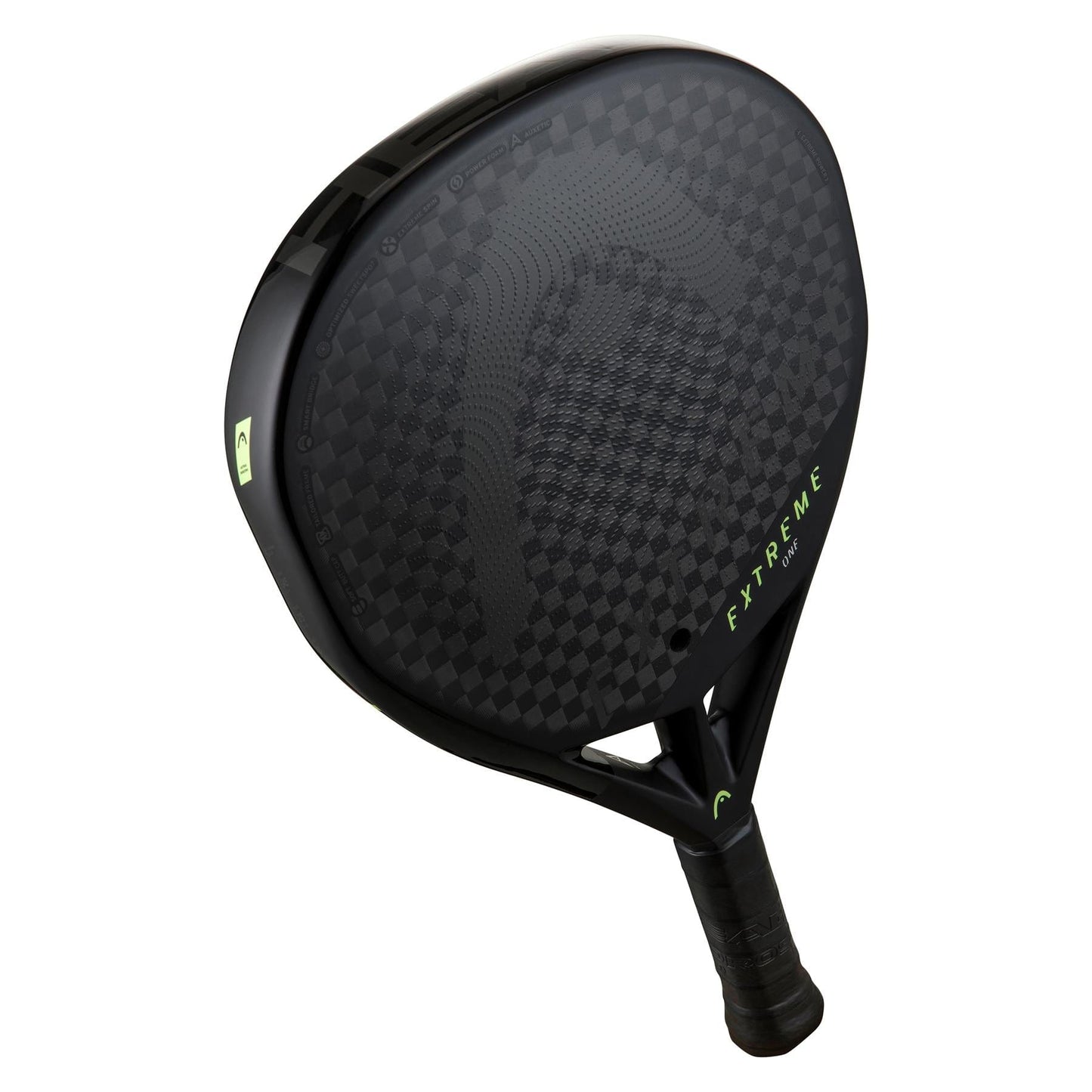 The HEAD Extreme One 2023 Padel Racket by HEAD showcases a lightweight 12K carbon checkered surface, green accents, and "EXTREME" branding along the side, presented against a white background.