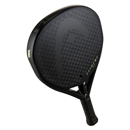 The HEAD Extreme One 2023 Padel Racket by HEAD showcases a lightweight 12K carbon checkered surface, green accents, and "EXTREME" branding along the side, presented against a white background.