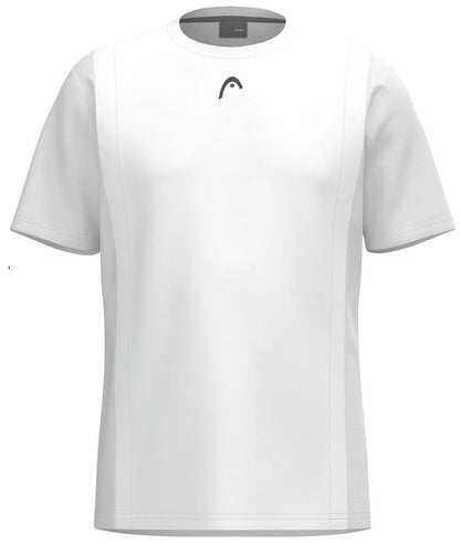 The HEAD Club Tech 25 Men's Padel T-Shirt in white features a small abstract black chest logo, breathable fabric, and vertical seam details enhancing comfort. It's an ideal choice for ease of movement and style on the court.