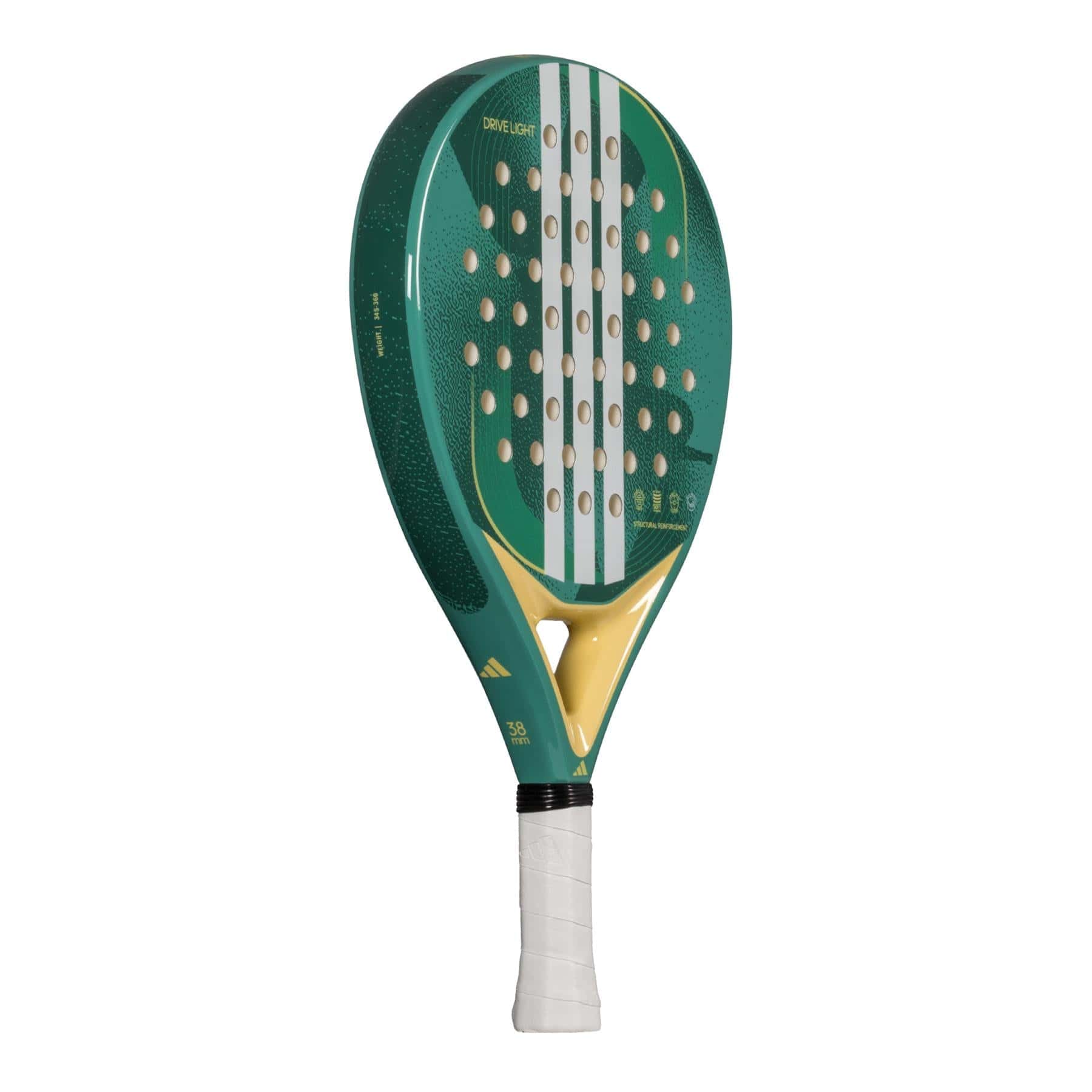 The adidas Drive Light 3.4 Padel Racket is a lightweight beginner padel racket with a green design, yellow accents, a white grip, three vertical white stripes, and multiple holes on the face.