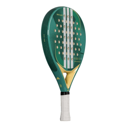 The adidas Drive Light 3.4 Padel Racket is a lightweight beginner padel racket with a green design, yellow accents, a white grip, three vertical white stripes, and multiple holes on the face.