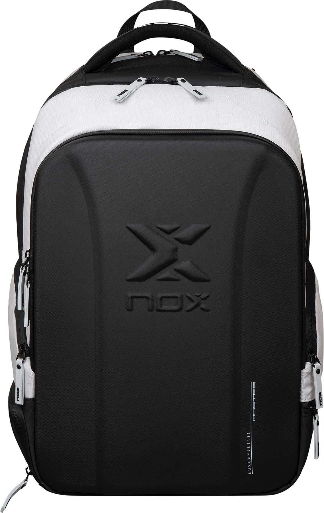The NOX Luxury Master Series Padel Backpack in black/white features a hard-shell front, multiple compartments, and a top handle—ideal for padel enthusiasts. Brand: NOX. Seen from the front against a white background.