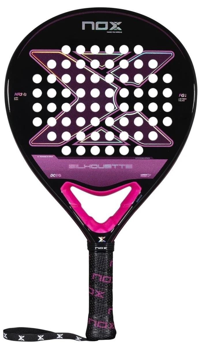 The NOX X-One Silhouette Advance Series padel racket features a black frame with pink and white details, circular perforations, and "SILHOUETTE" above the handle—ideal for beginner and intermediate players. Brand: NOX.
