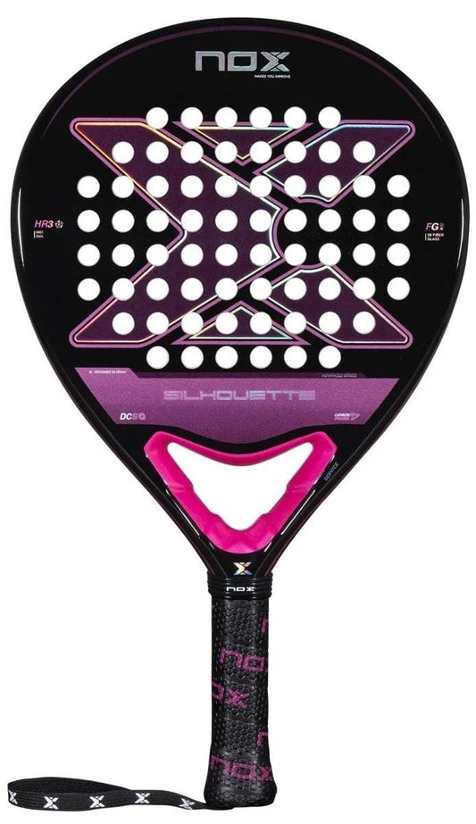 The NOX X-One Silhouette Advance Series padel racket features a black frame with pink and white details, circular perforations, and "SILHOUETTE" above the handle—ideal for beginner and intermediate players. Brand: NOX.
