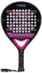 The NOX X-One Silhouette Advance Series padel racket features a black frame with pink and white details, circular perforations, and "SILHOUETTE" above the handle—ideal for beginner and intermediate players. Brand: NOX.