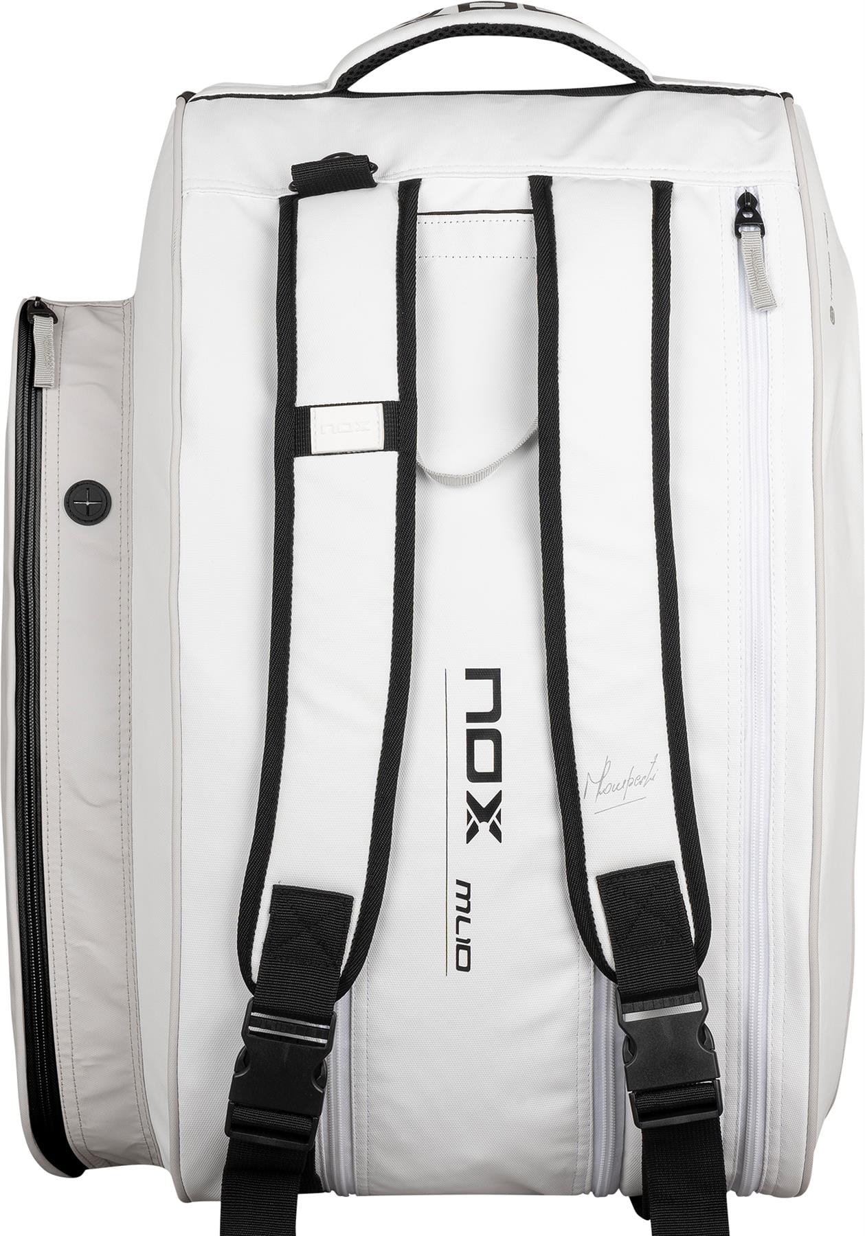 The NOX ML10 Team Padel Racket Bag in white and grey features multiple compartments, a side pocket, black accents, branded "NOX," and a top handle for easy carrying.