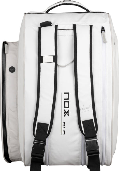 The NOX ML10 Team Padel Racket Bag in white and grey features multiple compartments, a side pocket, black accents, branded "NOX," and a top handle for easy carrying.