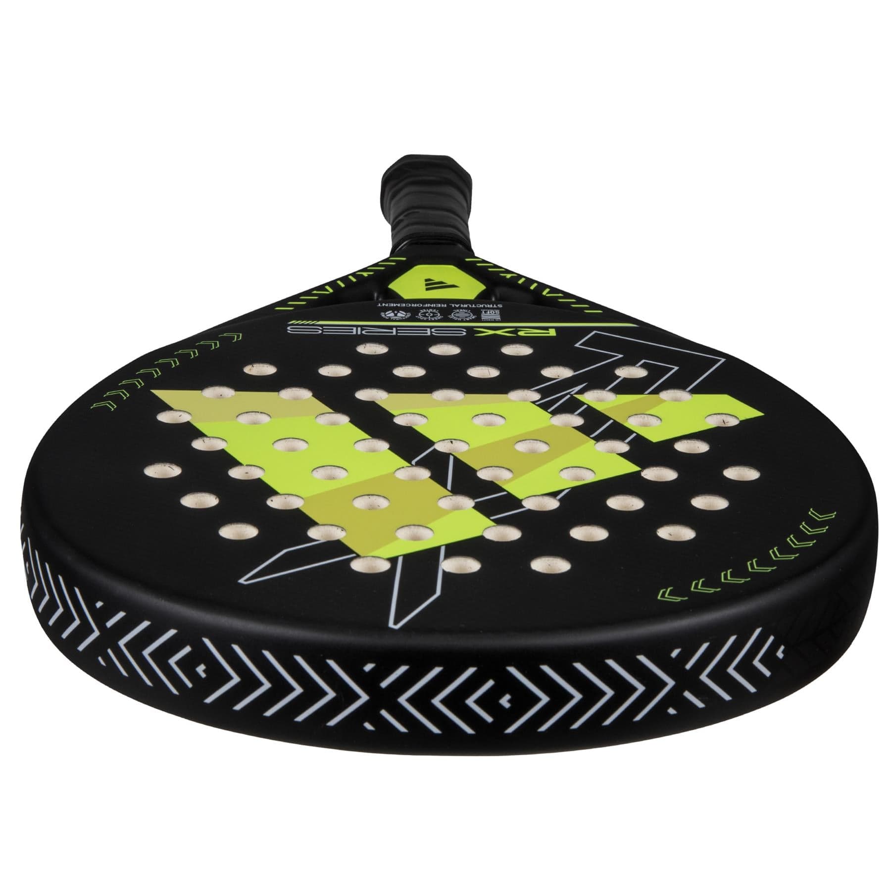 A black adidas RX Series Lime 3.4 padel racket with yellow geometric designs, round holes, chevron-edged details, and a textured handle reflects this model’s modern style.
