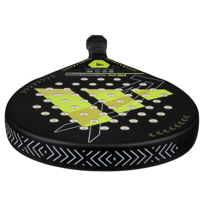 A black adidas RX Series Lime 3.4 padel racket with yellow geometric designs, round holes, chevron-edged details, and a textured handle reflects this model’s modern style.