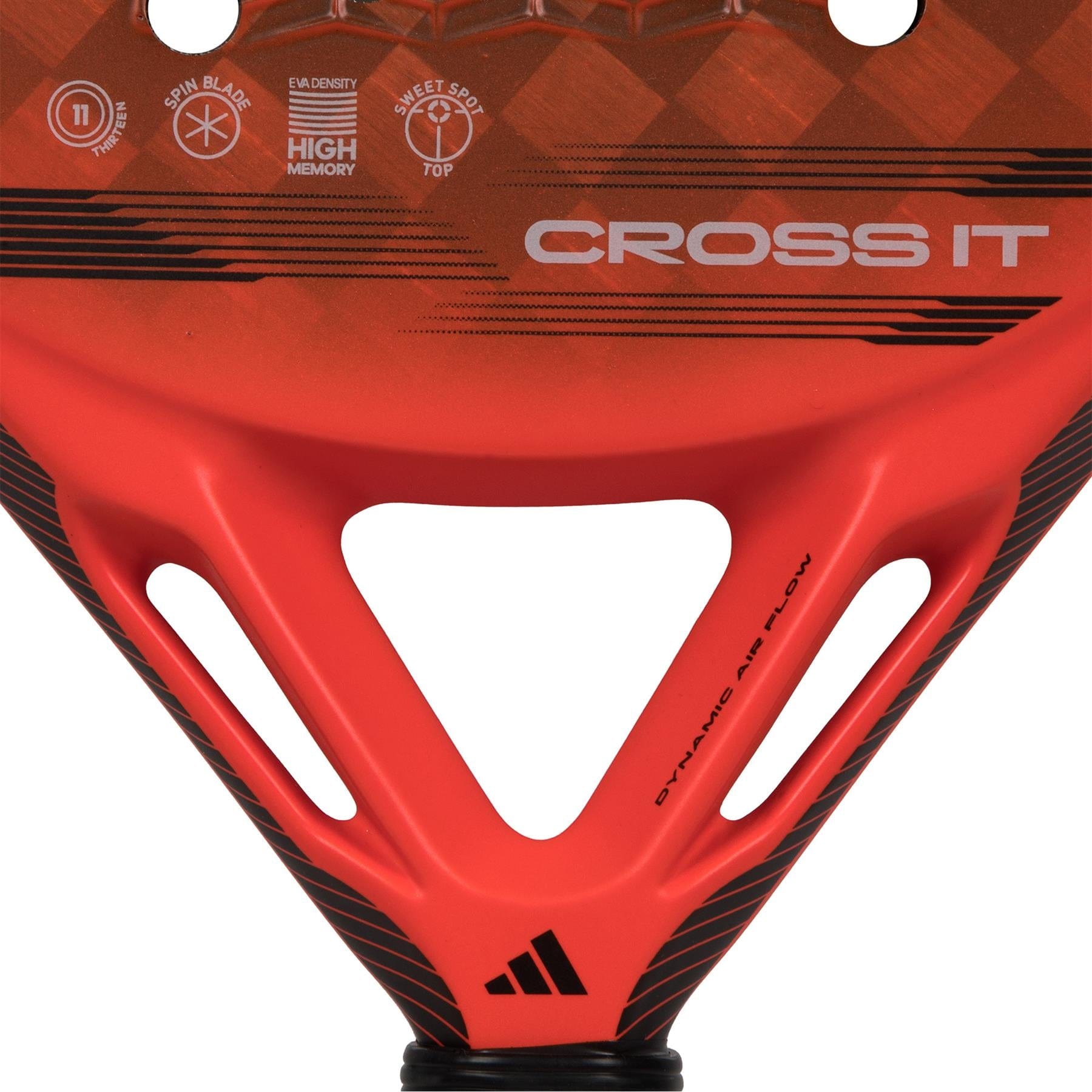 Close-up of the adidas Cross It Padel Racket bottom, a professional padel racket built for power and spin. Features "CROSS IT," triangular “DYNAMIC AIR FLOW” cutouts, and the adidas logo by the handle.