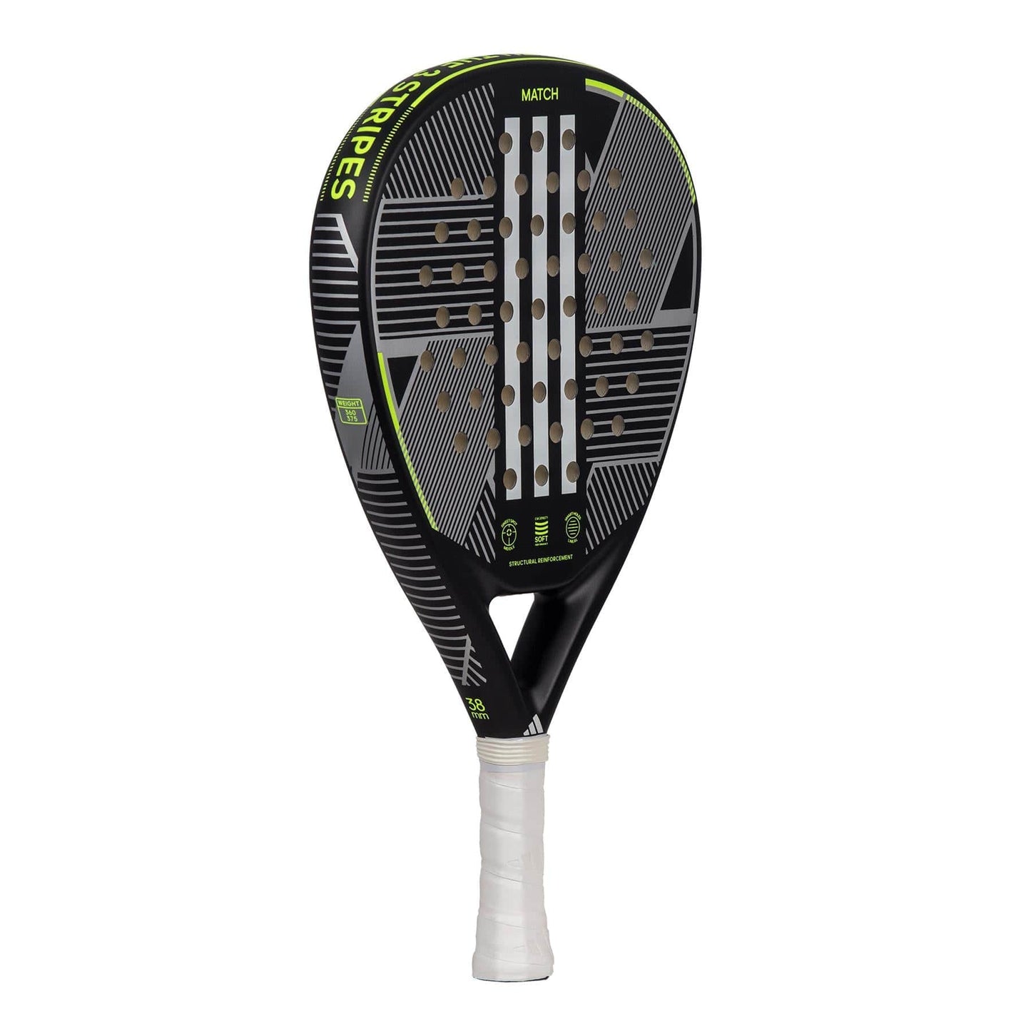The adidas Match 3.3 Black / Lime Padel Racket, ideal for beginners, features a teardrop shape, black and gray design with lime accents, circular perforations on the face, a white grip handle, and "MATCH" printed near the top.