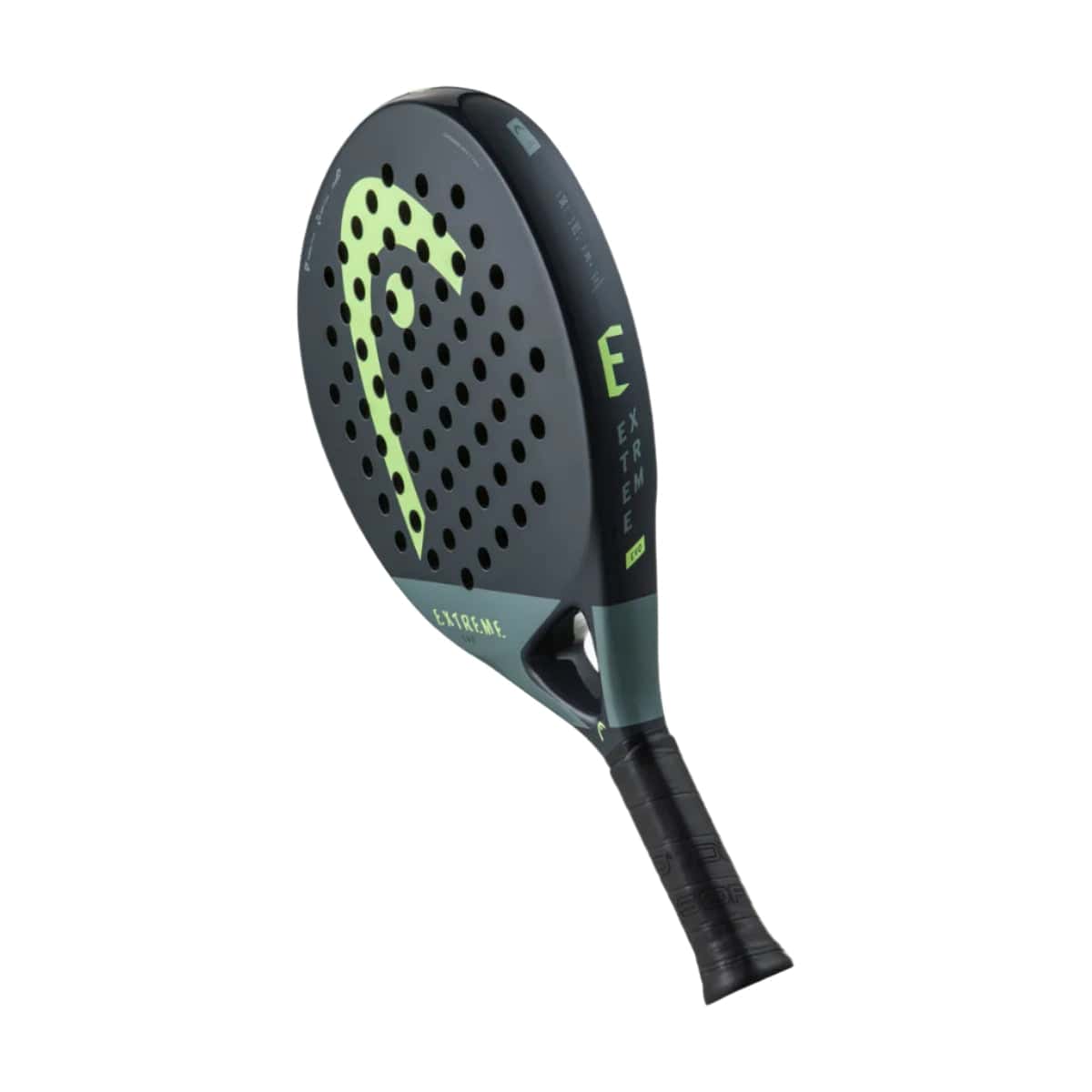 The HEAD Evo Extreme 2023 Padel Racket by HEAD is black and green, features a perforated face and "EXTREME" on the side, advanced Innegra technology, and is shown on a white background.