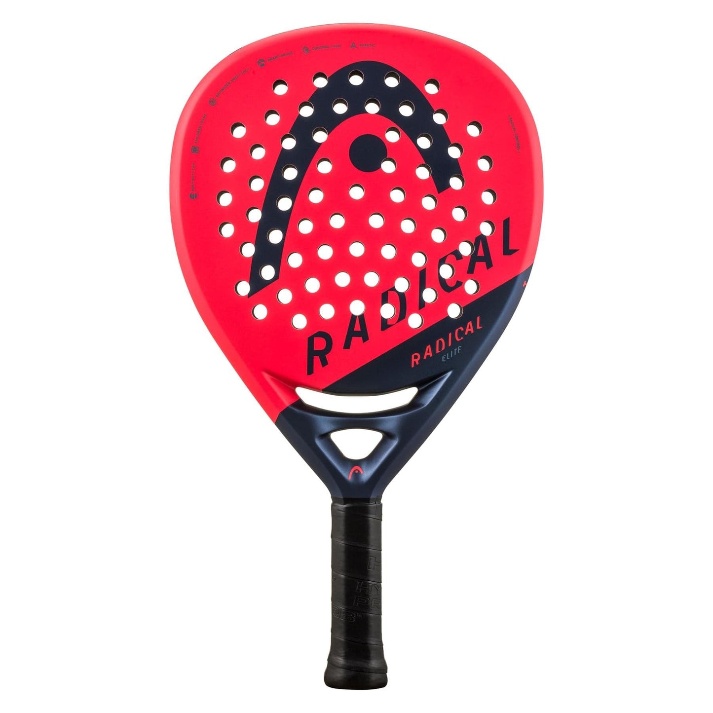 The HEAD Radical Elite 2024 Padel Racket by HEAD features a red and black teardrop design, "RADICAL" printed diagonally, a black textured grip, and multiple holes across its surface.