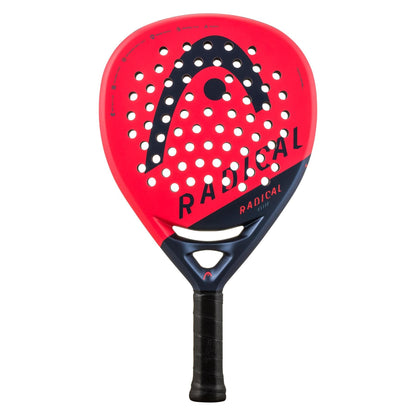 The HEAD Radical Elite 2024 Padel Racket by HEAD features a red and black teardrop design, "RADICAL" printed diagonally, a black textured grip, and multiple holes across its surface.