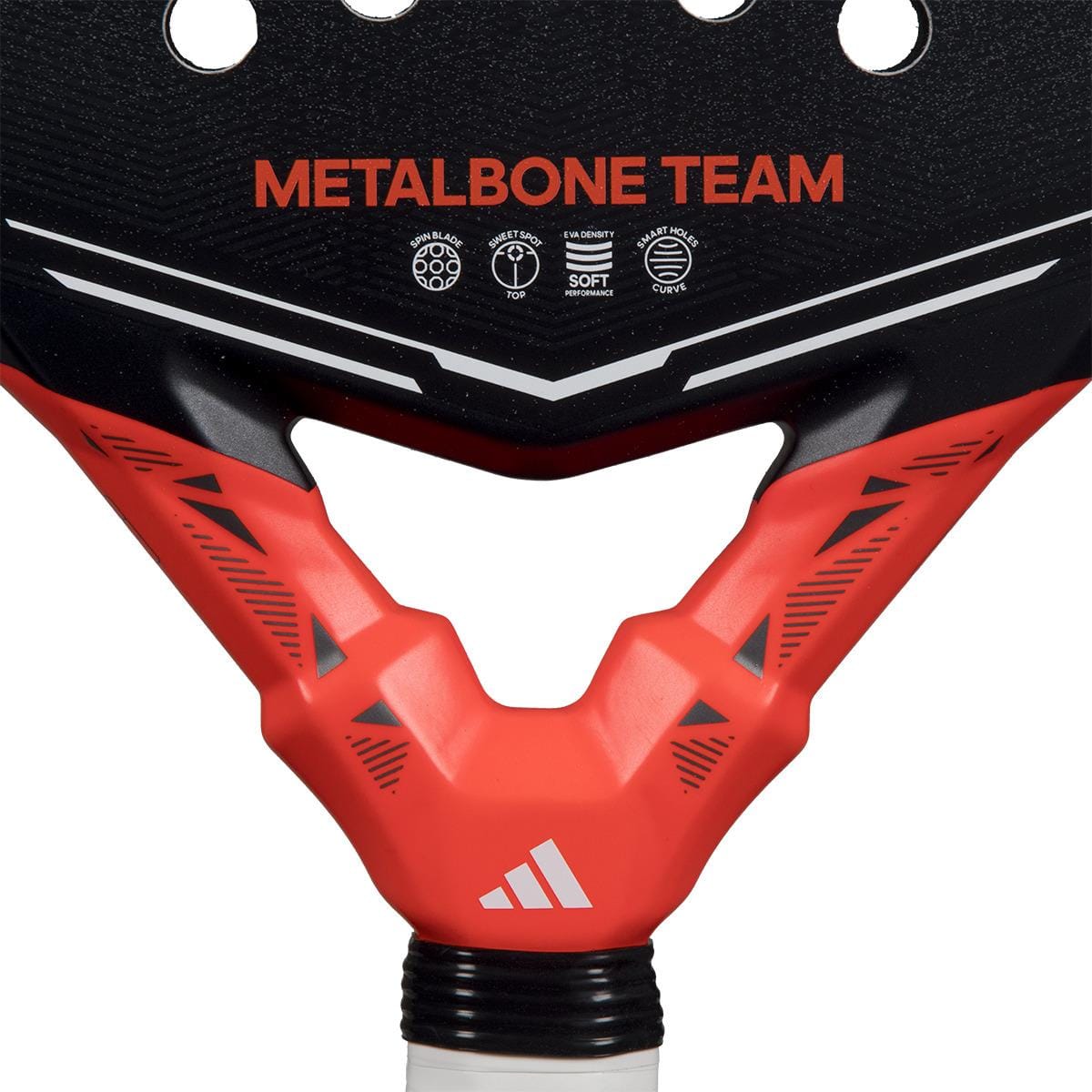 Close-up of the adidas Metalbone Team 2026 Padel Racket with “METALBONE TEAM” text, a striking red and black design, adidas logo near the handle, and advanced Spin Blade Gritt technology for enhanced control.